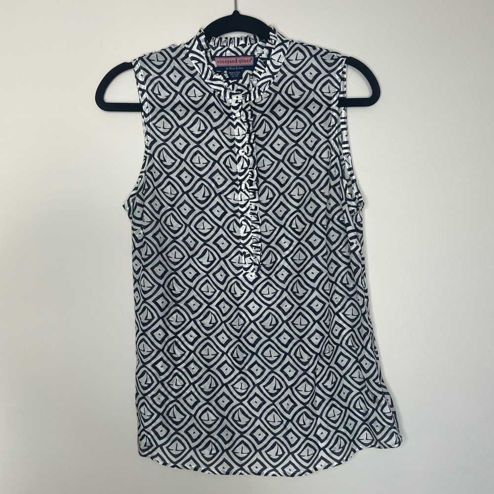 Vineyard Vines Navy & White Silk Blend Sleeves Blouse